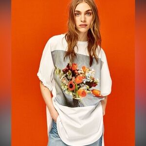 Zara Printed Flower Bouquet Ruched Shirt, size S